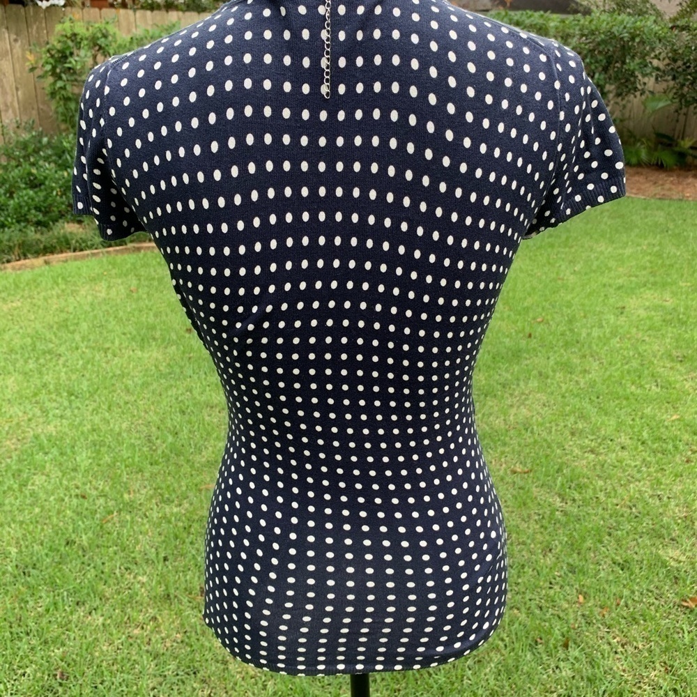 ANN TAYLOR LOFT navy blue polka dot surplice short sleeve v neck knit top - Picture 3 of 7